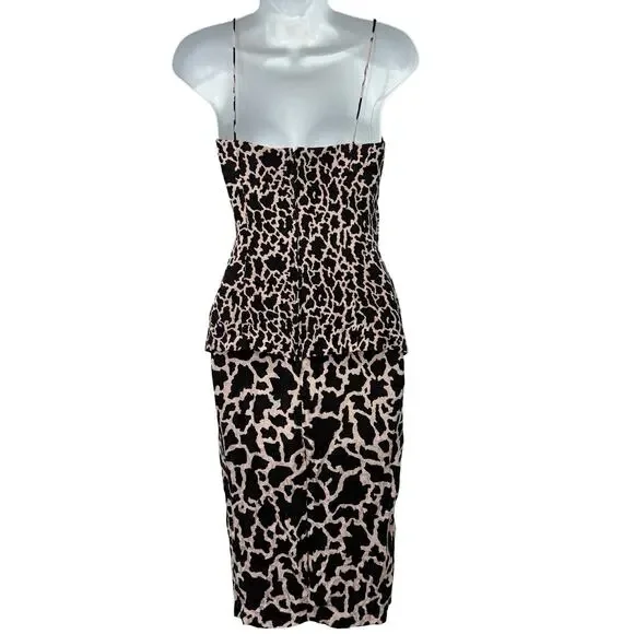 Vintage 80s Pink Black Leopard Ruched Peplum Sleeveless Silk Mini Dress size 4 - Picture 6 of 13